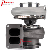 A Pulsar brand turbocharger with a billet compressor wheel and a turbine wheel, primarily in metallic colors.