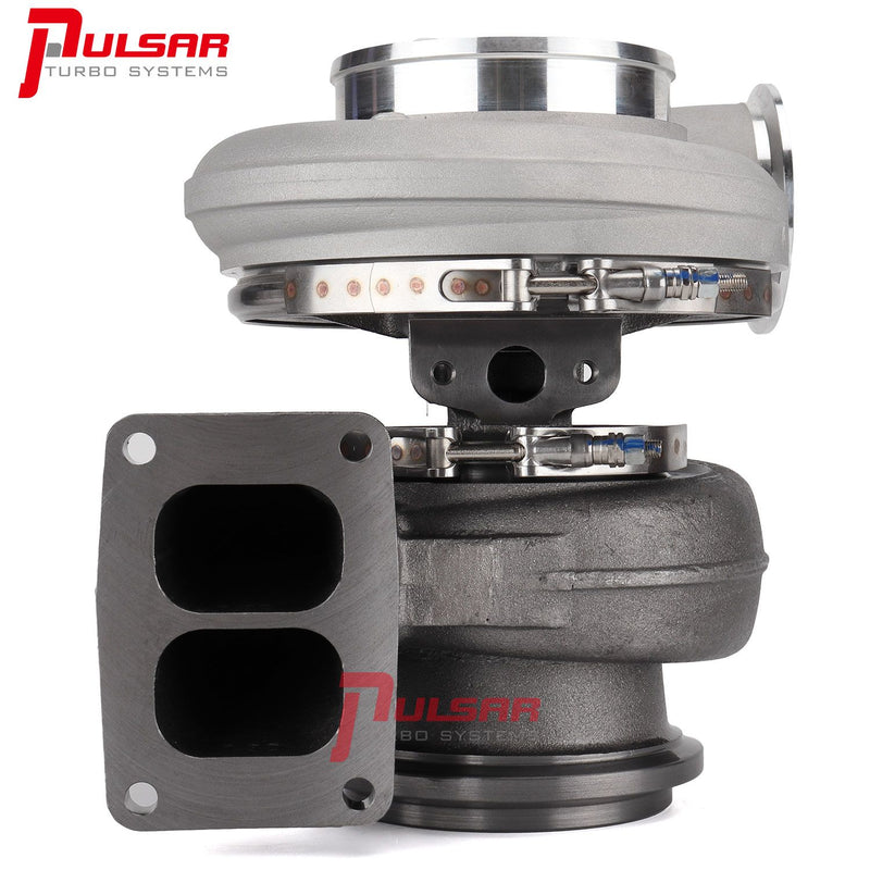 A Pulsar brand turbocharger with a billet compressor wheel and a turbine wheel, primarily in metallic colors.
