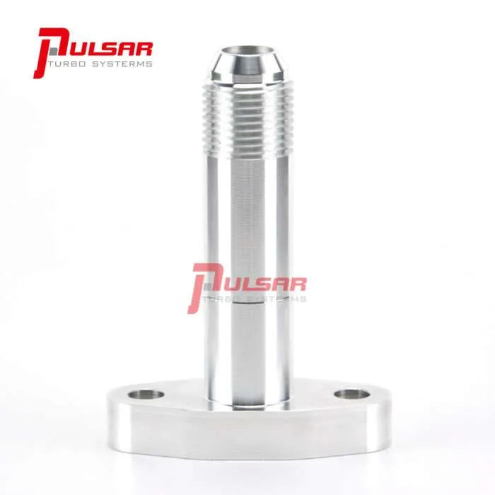 A Pulsar Turbos branded extended oil drain flange install kit, including a billet aluminum oil drain flange, an oil drain gasket, and two bolts.