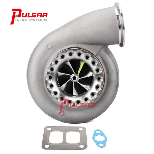 A Pulsar brand turbocharger with a silver finish, displayed alongside a gasket and clamp, without an exhaust outlet flange.