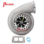 A Pulsar brand turbocharger with a silver finish, including the compressor wheel and turbine wheel visible through the housing.