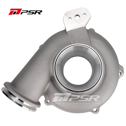 A silver billet compressor housing with the PULSAR logo on the top right corner, designed for turbochargers.