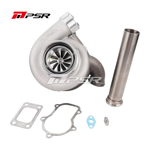 A Pulsar brand turbocharger with a silver finish, including parts such as the compressor wheel, turbine wheel, and gaskets.
