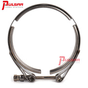 A stainless steel 4-inch V-band flange and clamp kit for turbocharger systems, by PULSAR TURBOS.