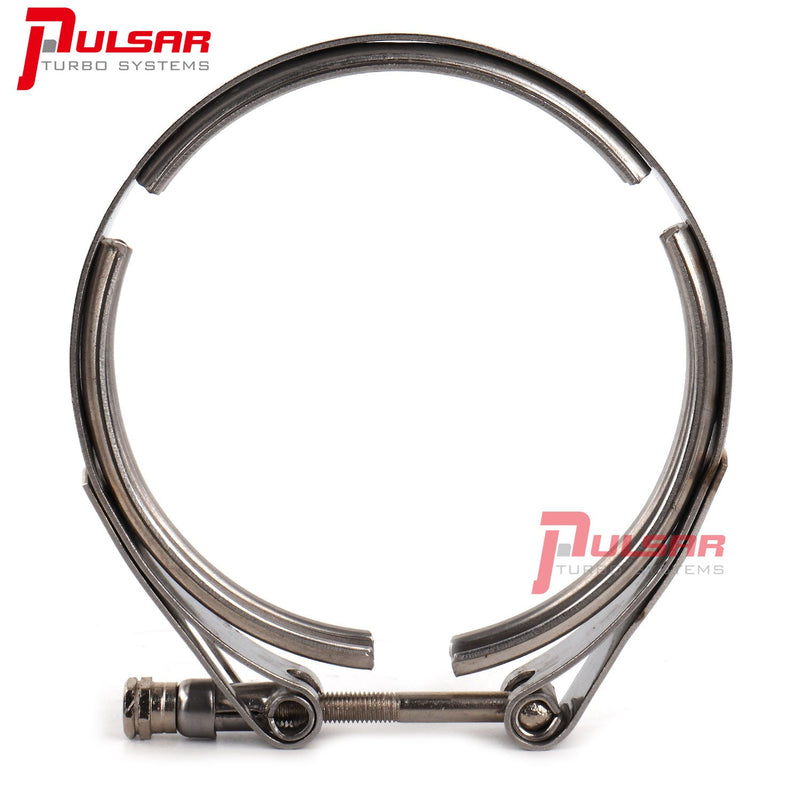 A stainless steel 4-inch V-band flange and clamp kit for turbocharger systems, by PULSAR TURBOS.