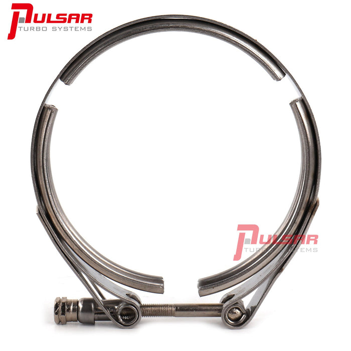 A stainless steel 4-inch V-band flange and clamp kit for turbocharger systems, by PULSAR TURBOS.