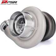 A Pulsar Turbos billet dual ball bearing turbocharger with a silver finish and various components visible, including the compressor and turbine housing.
