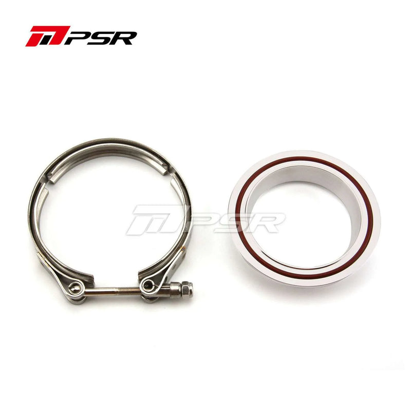 An image showing a silver-colored V-band flange and clamp as part of the Pulsar Turbos product range.