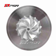 A Pulsar Turbos ball bearing cartridge with a compressor wheel, featuring a silver color and the brand logo on the periphery.