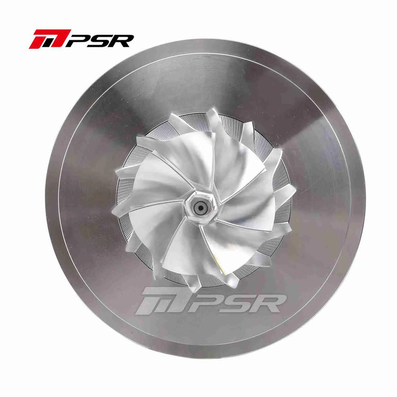 A Pulsar Turbos ball bearing cartridge with a compressor wheel, featuring a silver color and the brand logo on the periphery.