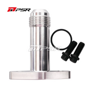 A silver billet aluminum oil drain flange with an -12 an fitting, accompanied by an O-Ring seal and two bolts.