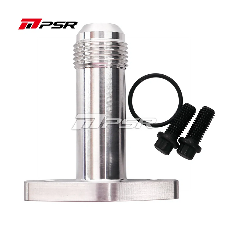 A silver billet aluminum oil drain flange with an -12 an fitting, accompanied by an O-Ring seal and two bolts.