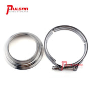 A stainless steel V-band flange and clamp kit, including a round flange and a metal clamp with the PULSAR Turbos brand logo.