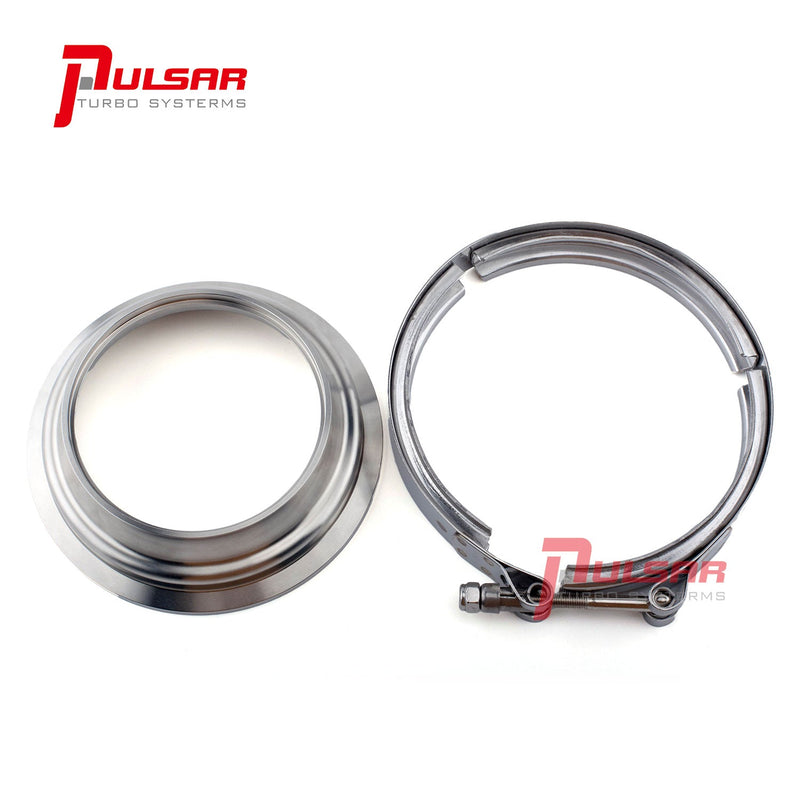 A stainless steel V-band flange and clamp kit, including a round flange and a metal clamp with the PULSAR Turbos brand logo.