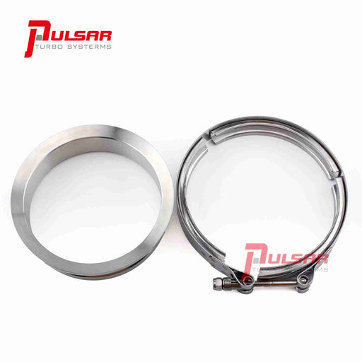 A stainless steel flange and clamp kit, including a round flange and a V-bend clamp, both branded with Pulsar Turbos.