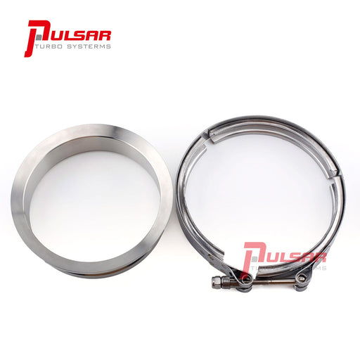 A stainless steel V-bend flange and clamp designed for turbocharger turbine housings, by PULSAR Turbos.