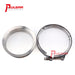 A stainless steel V-bend flange and clamp designed for turbocharger turbine housings, by PULSAR Turbos.