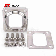 A stainless steel billet transitional flange with included hardware kit for installation.