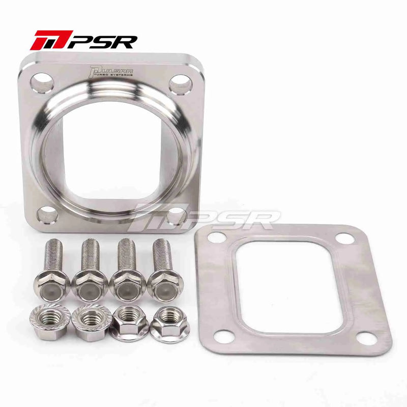A stainless steel billet transitional flange with included hardware kit for installation.