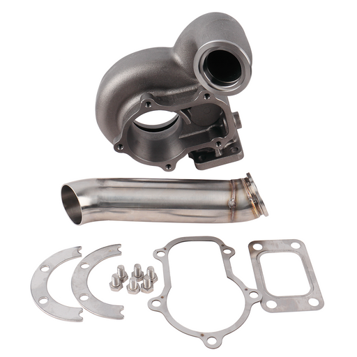 An external wastegate turbo housing kit, including a metallic turbine housing, downpipe, gaskets, and mounting hardware, displayed on a white background.