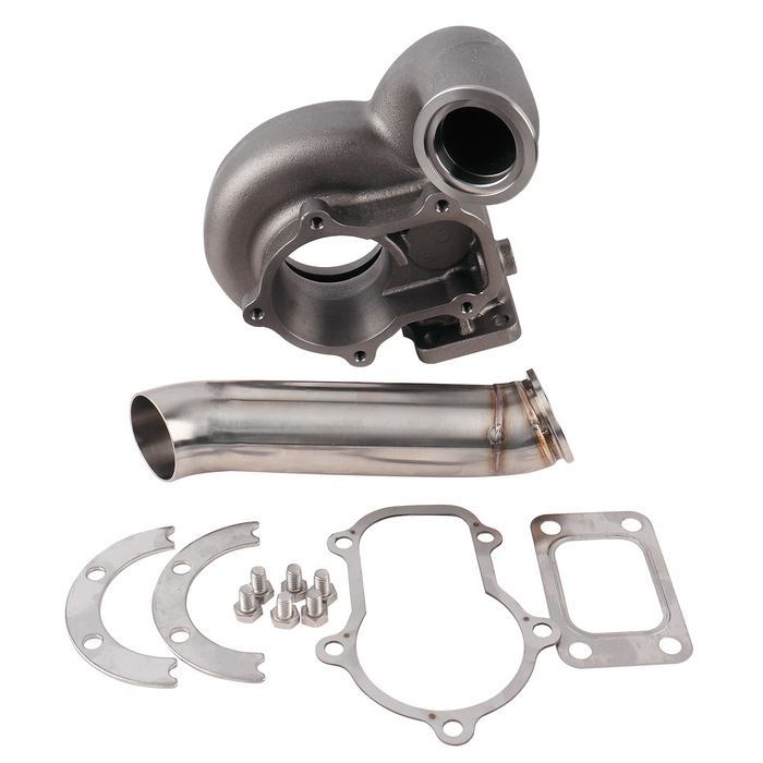 An external wastegate turbo housing kit, including a metallic turbine housing, downpipe, gaskets, and mounting hardware, displayed on a white background.