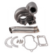 An external wastegate turbo housing kit, including a metallic turbine housing, downpipe, gaskets, and mounting hardware, displayed on a white background.