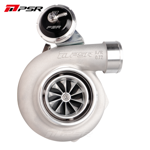 A PULSAR Next GEN PSR3582 XR6 Turbocharger with a silver finish, showing the compressor side, actuator, and turbine housing.