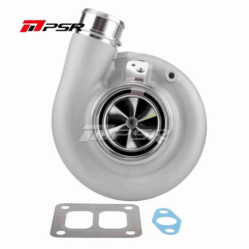 A Pulsar Turbos brand turbocharger with a silver finish, including a compressor wheel, turbine wheel, and a few installation components.