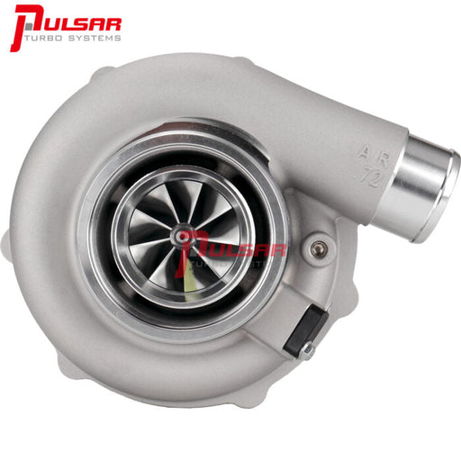 A Pulsar brand turbocharger with a silver finish, showing the compressor side with the billet compressor wheel, and the turbine inlet.
