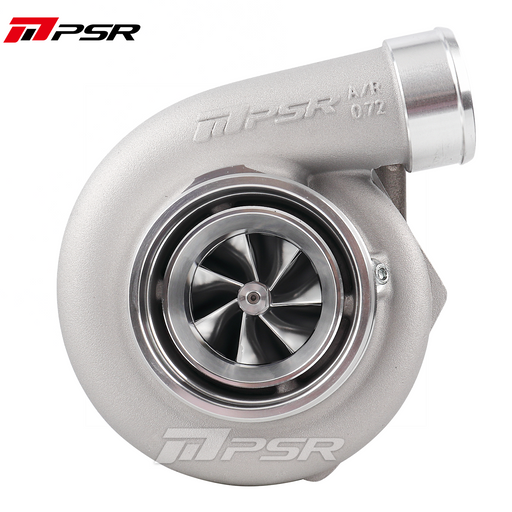 A Pulsar brand turbocharger with ball bearings and a silver finish, featuring a billet compressor wheel and a V-band flange.
