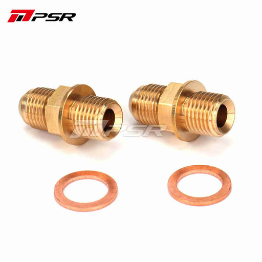 Two brass water fittings with copper washers for turbochargers.