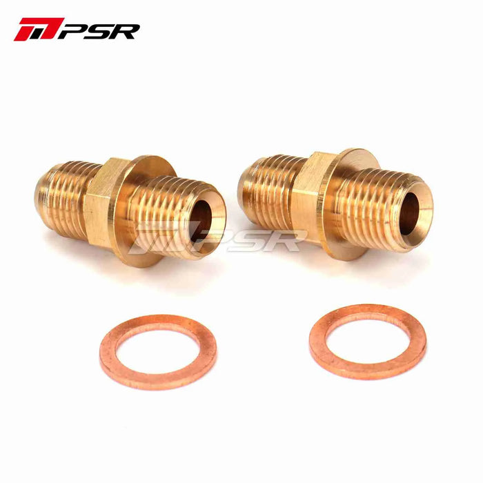 Two brass water fittings with copper washers for turbochargers.
