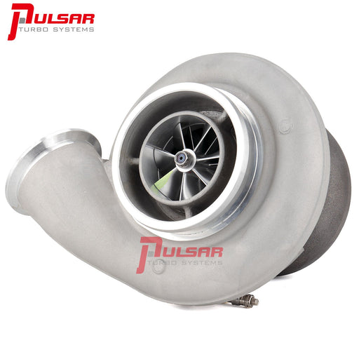 A Pulsar brand turbocharger with a billet compressor wheel and a turbine housing in silver color.