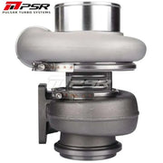 A Pulsar Turbos billet dual ball bearing turbocharger with a silver finish and various components visible, including the compressor and turbine housing.

