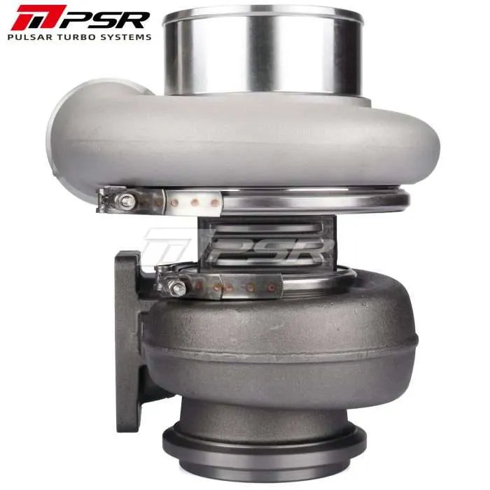 A Pulsar Turbos dual ball bearing turbocharger with a silver and black color scheme.
