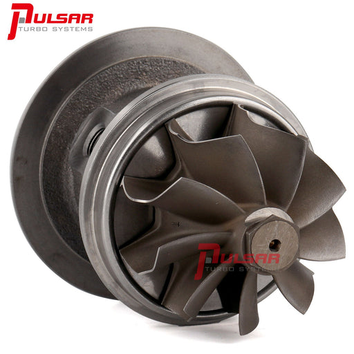 A Pulsar Turbos aftermarket turbocharger for Ford Falcon, featuring a black ceramic ball bearing system and a 9-blade PTX Gen2 high-flow turbine wheel.