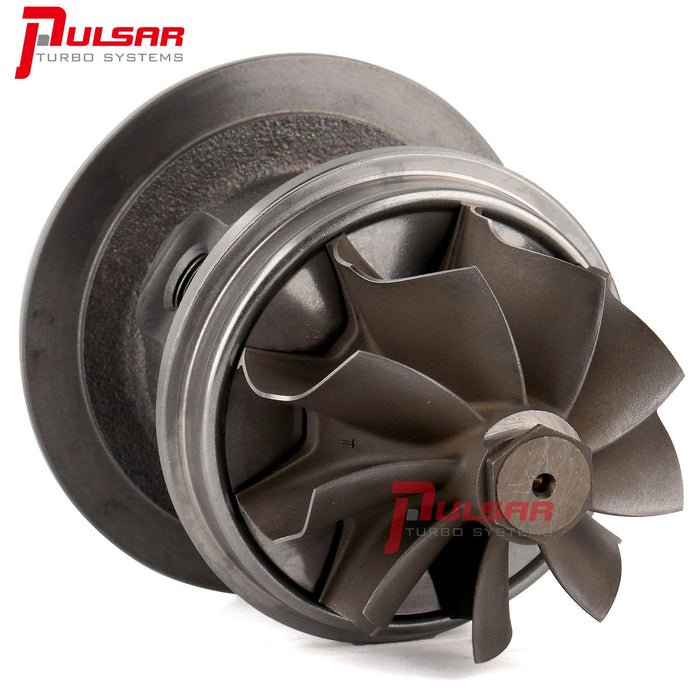 A Pulsar Turbos aftermarket turbocharger for Ford Falcon, featuring a black ceramic ball bearing system and a 9-blade PTX Gen2 high-flow turbine wheel.