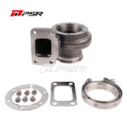 A set of metal parts including a turbine housing, gaskets, and a clamp, typically used in vehicle engine turbocharger systems.