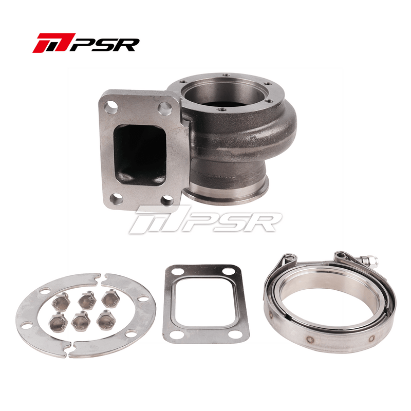 A set of metal parts including a turbine housing, gaskets, and a clamp, typically used in vehicle engine turbocharger systems.