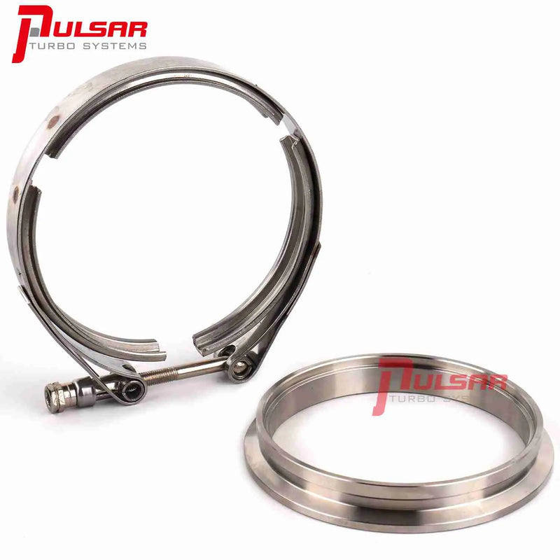 A stainless steel flange and V-band clamp, components of a turbocharger accessory, isolated on a white background with the Pulsar Turbos logo.