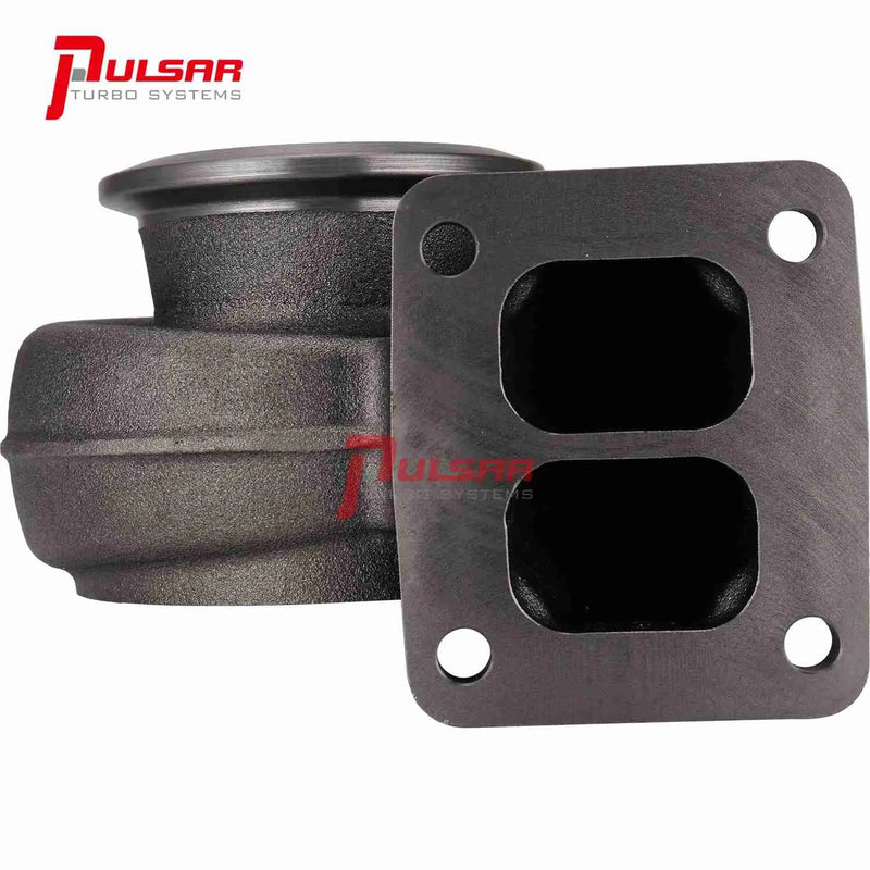 A Pulsar Turbos brand turbine housing for 300 series turbos, featuring a metallic construction with two openings and a flange with bolt holes.