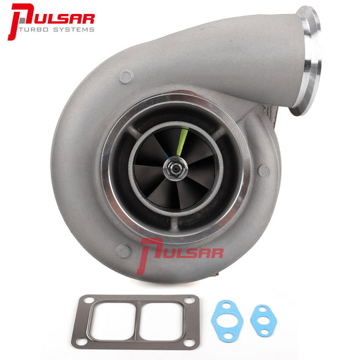A Pulsar brand turbocharger with a gray color, including a compressor wheel, turbine wheel, and some installation parts. The turbocharger does not have an outlet flange and clamp.