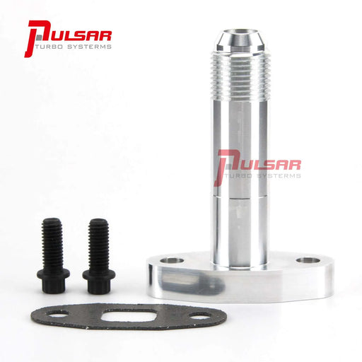 A Pulsar Turbos branded extended oil drain flange install kit, including a billet aluminum oil drain flange, an oil drain gasket, and two bolts.