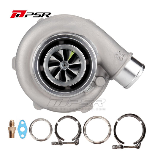 A Pulsar Turbos Gen2 Turbocharger with silver color, featuring dual ceramic ball bearing system and 8 blade billet compressor wheel. It includes exhaust housing, v-band flange kit, and other installation components.