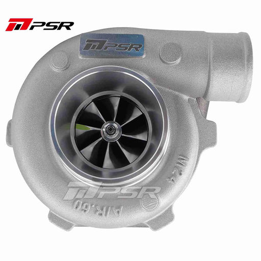A Pulsar Turbos compact dual ball bearing turbocharger with a silver finish, showing the compressor side with the brand logo, and the inlet and outlet ports.