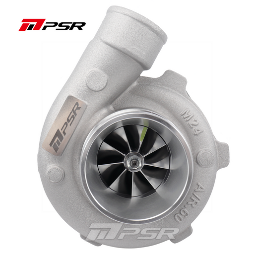A Pulsar Turbos brand compact dual ball bearing turbocharger with visible blades and a silver metallic finish.