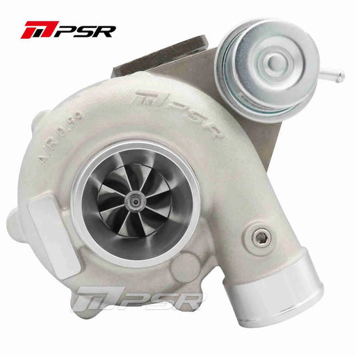 A Pulsar Turbos brand dual ball bearing turbocharger with visible ceramic ball bearings and a metallic silver finish.