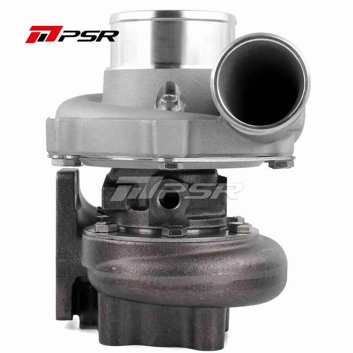 A Pulsar Turbos - PSR2860 GEN2 Dual Ball Bearing Turbocharger, showcasing the front view with the brand logo and the metallic structure of the turbocharger.