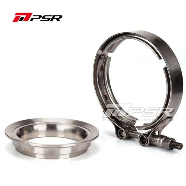 A stainless steel 3-inch V-bend flange and clamp for turbocharger systems, branded by Pulsar Turbos.