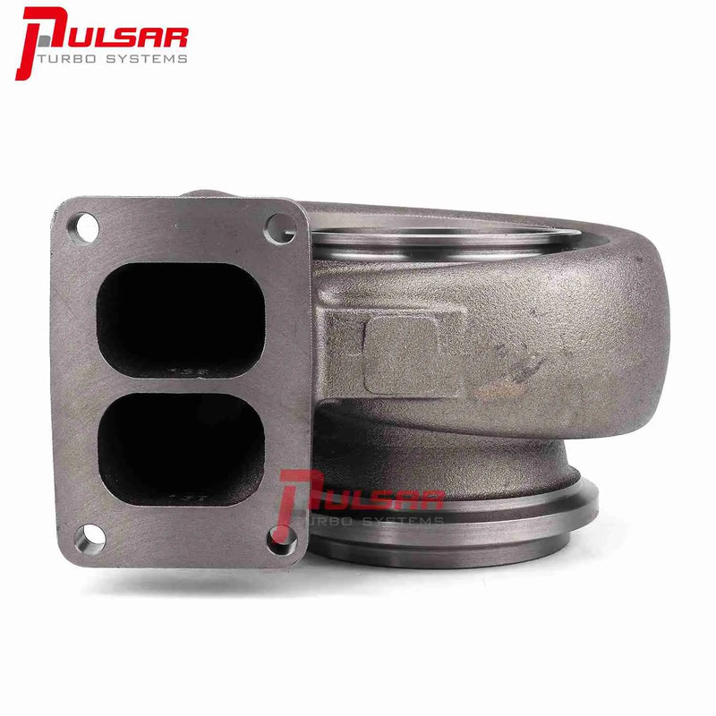 A Pulsar Turbos turbine housing for 400 Series Turbos, featuring a metallic build with multiple ports and a flange for installation.